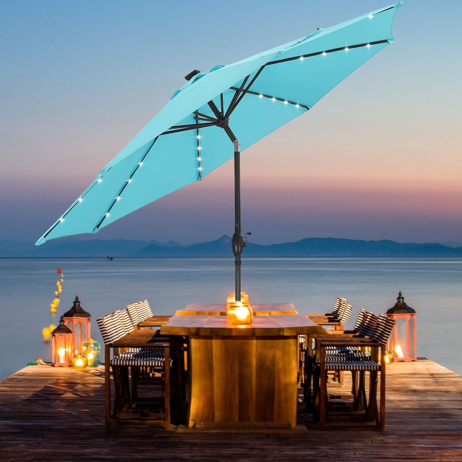 9 ft patio umbrella with led lights COSIEST 9FT 3 Tiers Solar Lights, Outdoor Umbrellas with 8 Sturdy Ribs, Market Patio Table Umbrella with Push Button Tilt, Pool Umbrellas for Garden, Pool, Backyard The 360 Autlaycil 10FT Solar Power LED