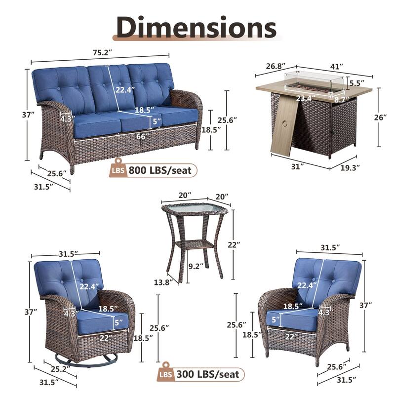 TWrap Wicker Patio Fire Pit Conversation Set with 3-Seat Sofa & Swivel Gliders & Armchairs