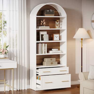 5-Tier White Arched Bookshelf with File Cabinet Drawer, 76.8" Tall Freestanding Wooden Bookcase
