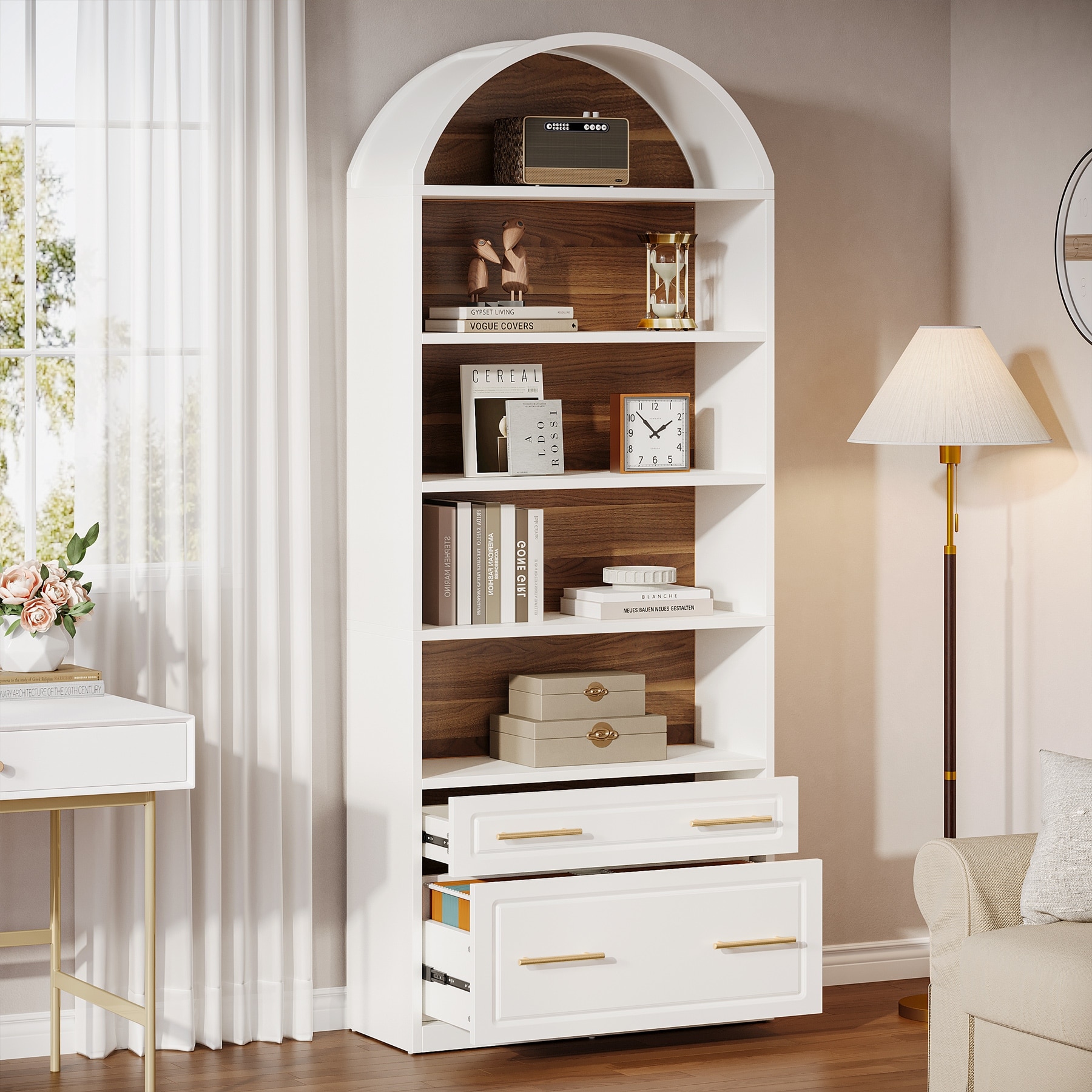 5-Tier White Arched Bookshelf with File Cabinet Drawer, 76.8" Tall Freestanding Wooden Bookcase