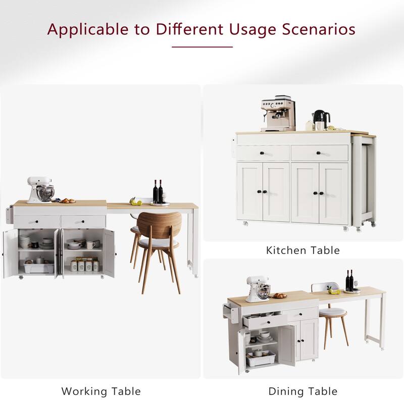44'' Kitchen Island with Extendable Dining Table, Rolling Wheels, Spice Rack and 2 Drawers - 44'' x 19.75'' x 36.25''