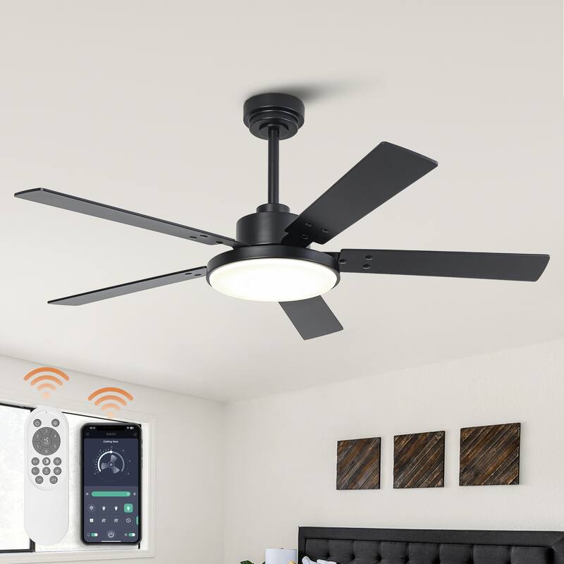 52" Industrial Matte Black Smart Ceiling Fan with Dimmable LED Light and Remote