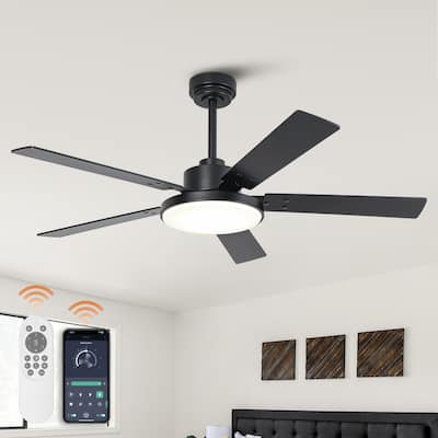 52" Industrial Matte Black Smart Ceiling Fan with Dimmable LED Light and Remote