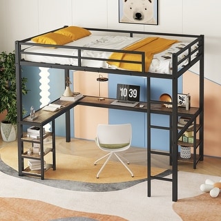 Full XL Size Metal Loft Bed with Desk and Shelves
