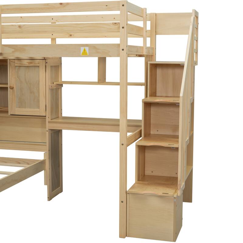 Twin over Twin Loft Bed with Built-in Desk, Staircase & Storage, Natural Pine Wood & MDF