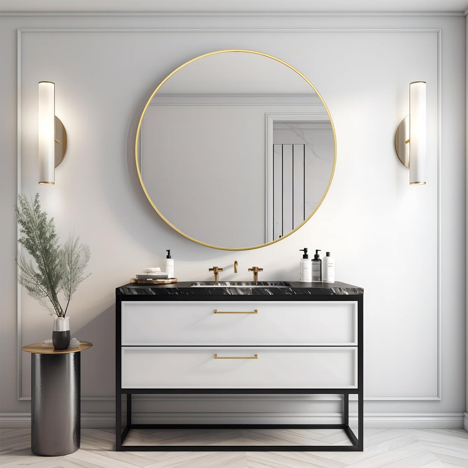 GDFStudio - Casa Luxury Metal Oversized Round Bathroom Vanity Wall Mirror with Easy Wall Mounting & Distortion-Free Glass