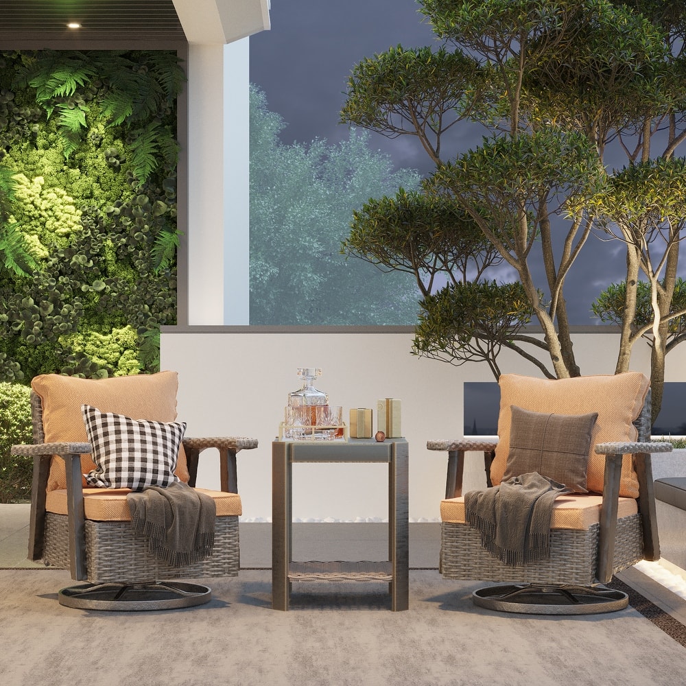 Cozywor 3-Piece Wicker Patio Swivel Rocking Chair Conversation Set