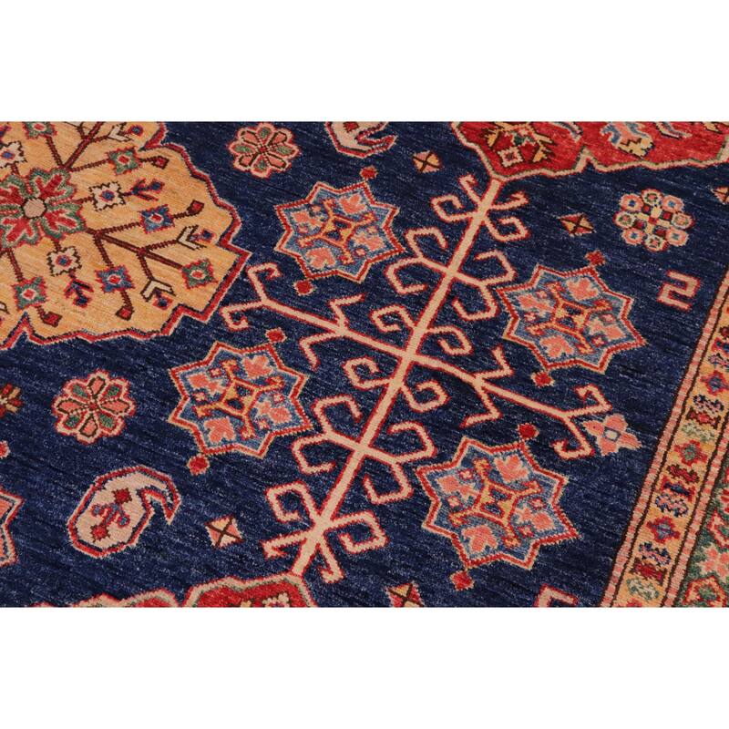 Southwestern Super Kazak Wren Blue/Beige Hand Knotted Wool Rug - 7'10'' x 10'1''