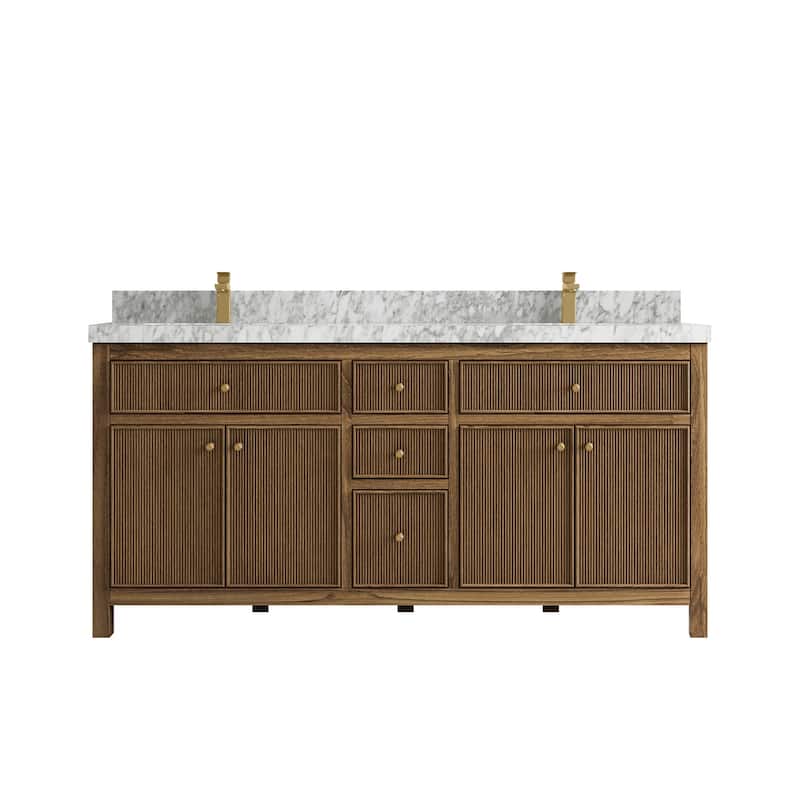 Willow Collections 72 in. W x 22 in. D Sonoma Teak Double Sink Bathroom Vanity with Countertop - 2" Carrara Marble - Dark Natural