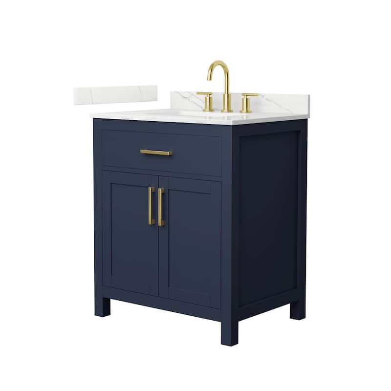 Wyndham Collection WCG2424-30S-QTZ-US3MXX Beckett 30" Free Standing - Dark Blue / Giotto Quartz Top / Brushed Gold