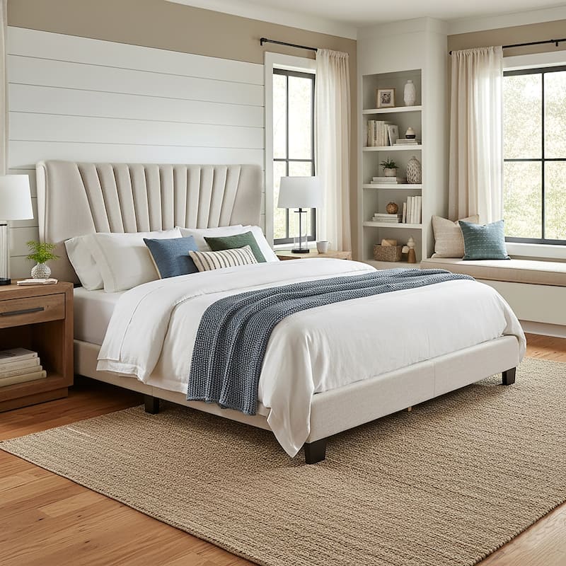 Autumn Fabric Queen Bed with Decorative Stitching