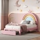 preview thumbnail 1 of 15, Twin/Full Size Upholstered Kids Platform Bed Frame with Rainbow Design Headboard, Velvet Princess Bed with Storage Drawer Twin