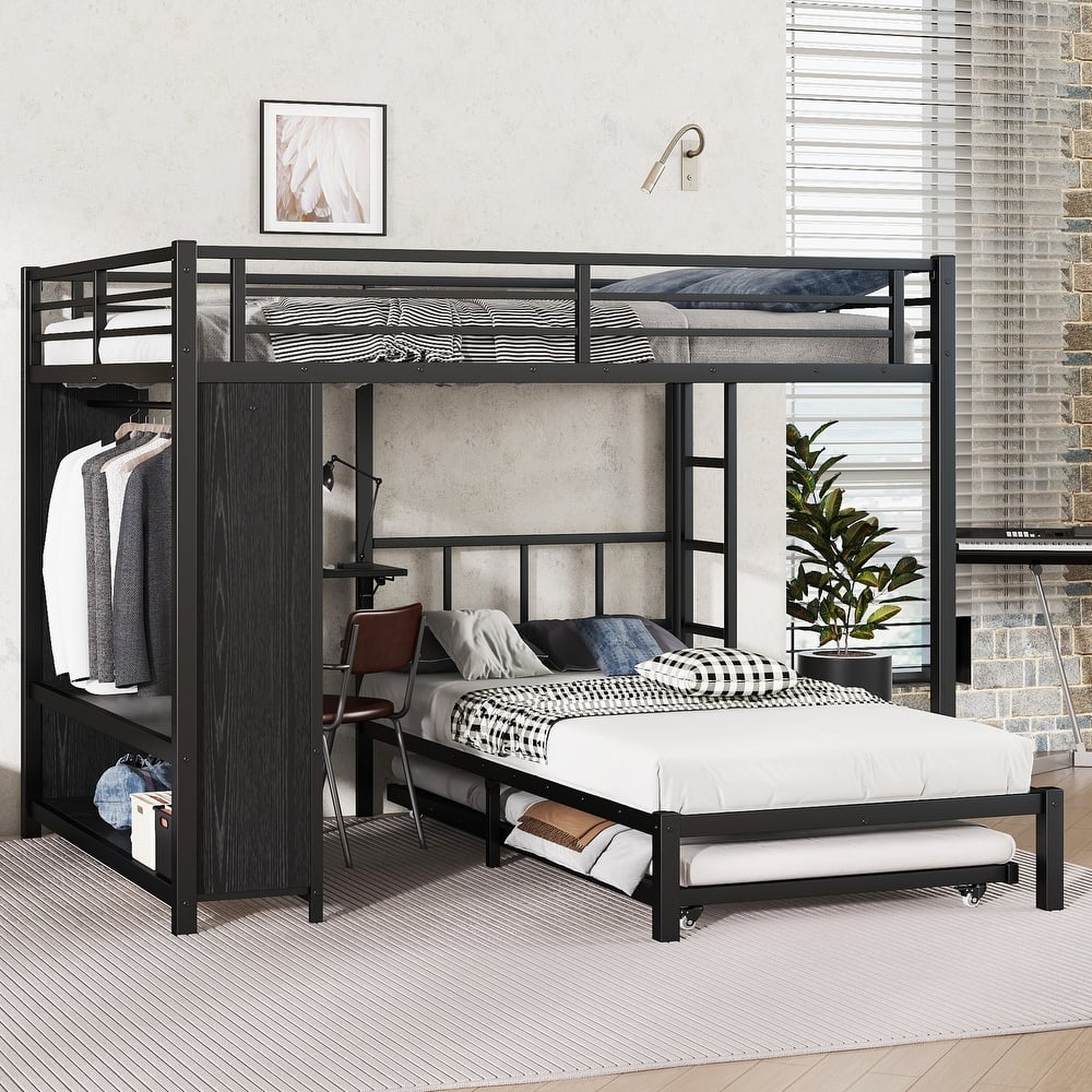 GDFStudio - Connor Metal Bunk Bed with Built-in Wardrobe, Trundle & Foldable Desk