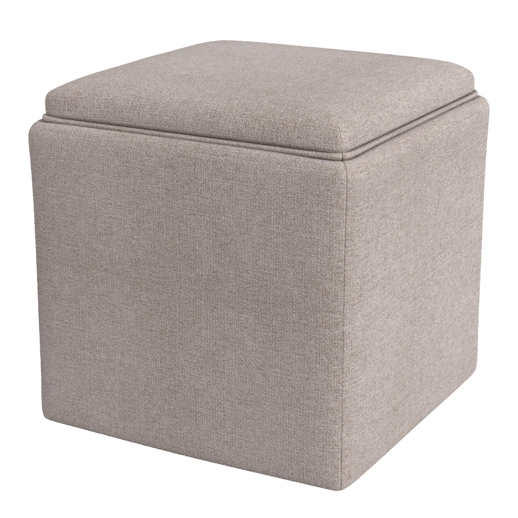Soa 18 Inch Square Tray-Top Storage Ottoman in Light Brown Woven Fabric