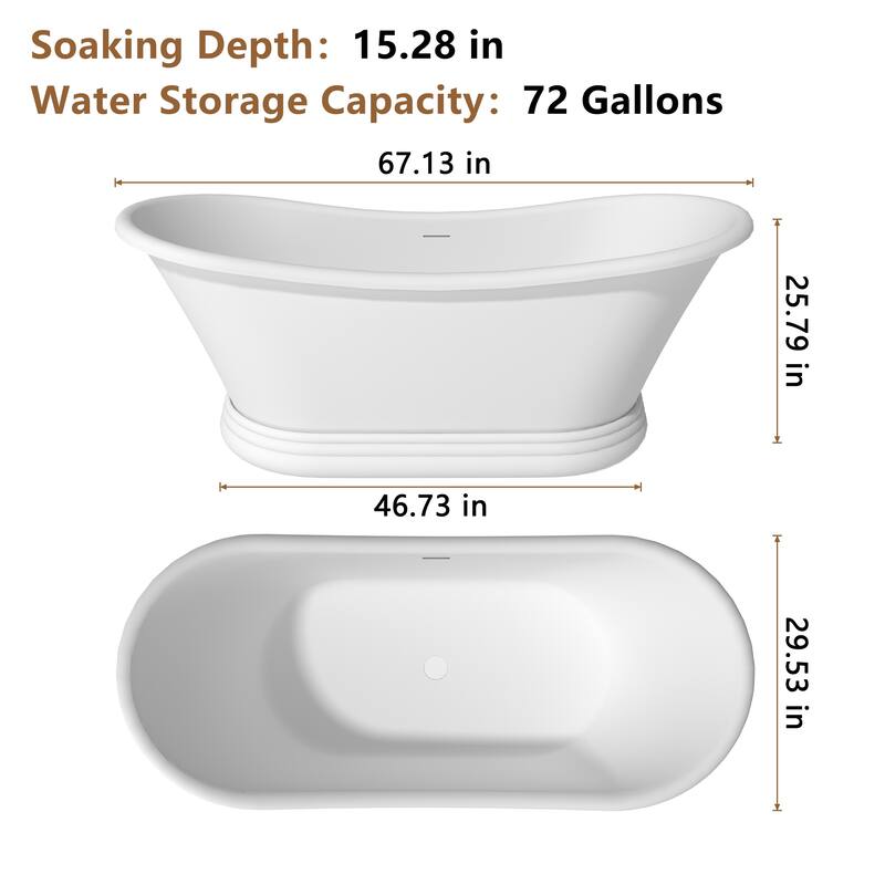 CASAINC 67 Inch Soaking Bathtub Solid Surface Stone Bathtub with Center Drain in Matte White - 67 Inch
