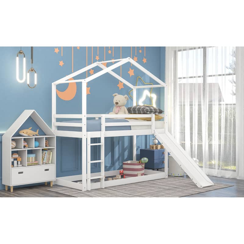 Twin Over Twin Bunk Bed with Roof, Slide and Ladder, White
