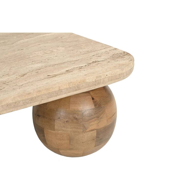 Cid Drift Coffee Table, Square 36 Inch Beige Marble Top, Brown Solid Wood