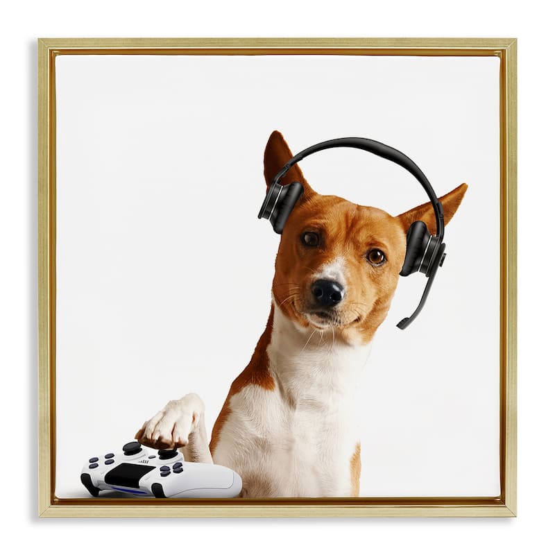 Stupell Gaming Dog with Headset Framed Floater Canvas Wall Art Design By CAD Designs - 25 x 25 - Gold