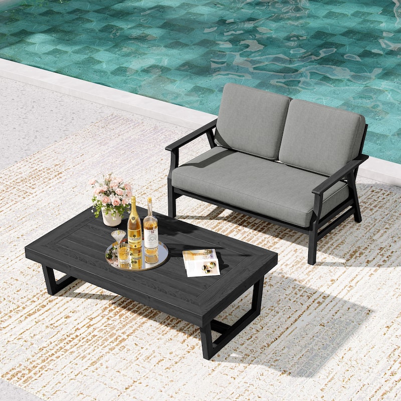 2-Piece Teak Outdoor Loveseat Set with Table. - Black Wood - Grey/coffee table