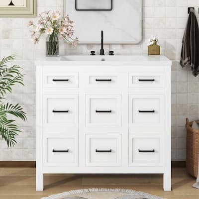 36" Bathroom Vanity with Integrated Resin Sink - 4 Drawers, 2 Doors
