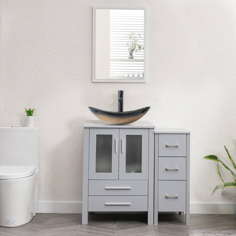 36" Bathroom Vanity Sink Gray Set with Side Cabinet Vessel Sink Faucet Combo - Glass champagne boat sink