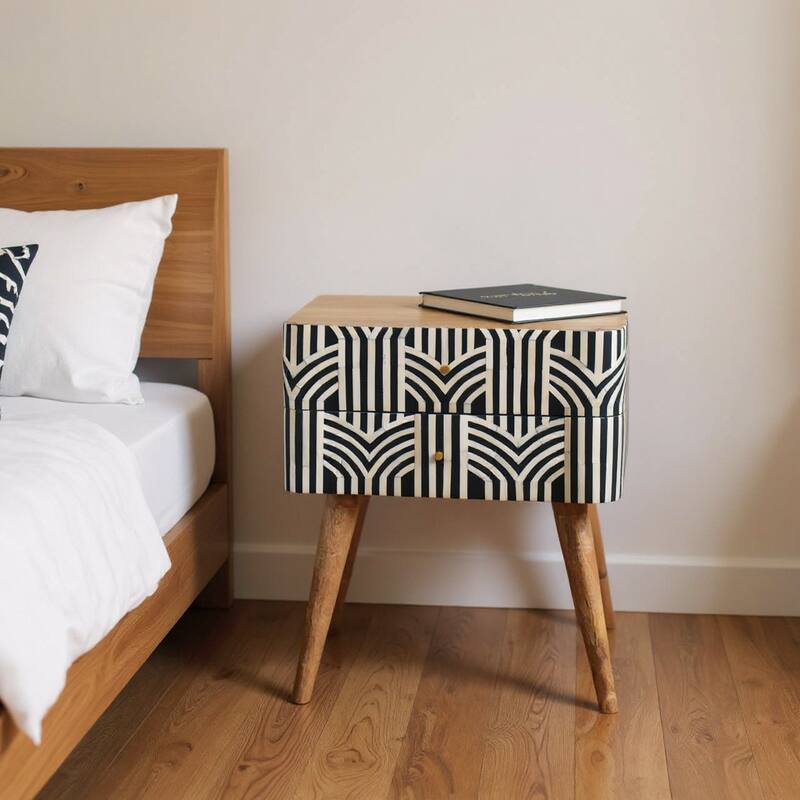 HomeRoots 23" Black Ivory And Light Brown Solid Wood Geometric Bone Inlay Two Drawer Nightstand - Light Brown - 2-drawer