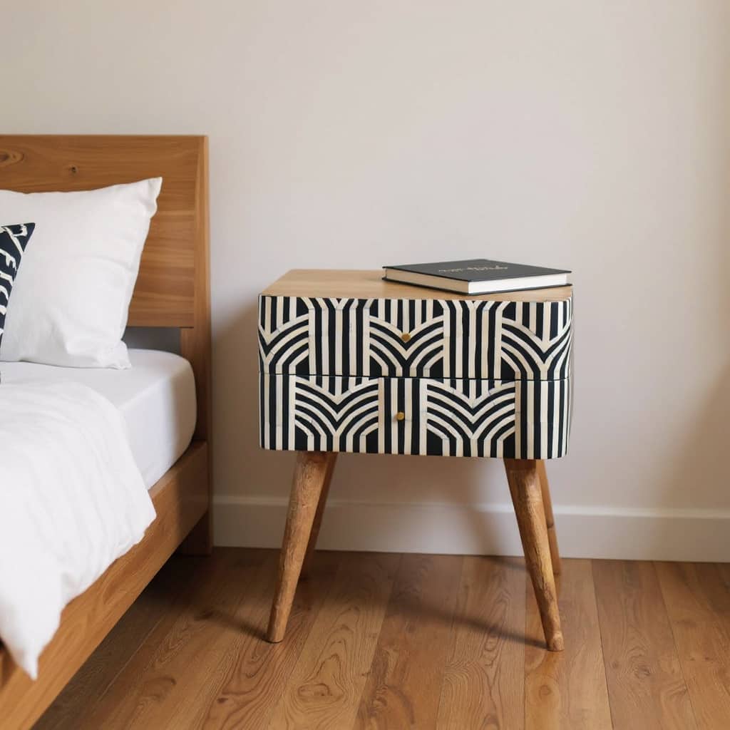 HomeRoots 23" Black Ivory And Light Brown Solid Wood Geometric Bone Inlay Two Drawer Nightstand