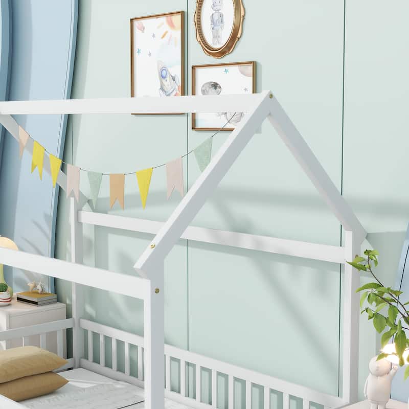 Twin Size Wooden Floor Bed with Roof Frame and Guardrails, Montessori Style Kids House Bed
