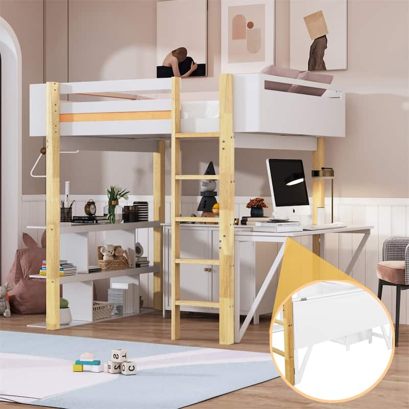 Merax Wood Loft Bed With Built-in Storage Cabinet and Shelves, Foldable desk