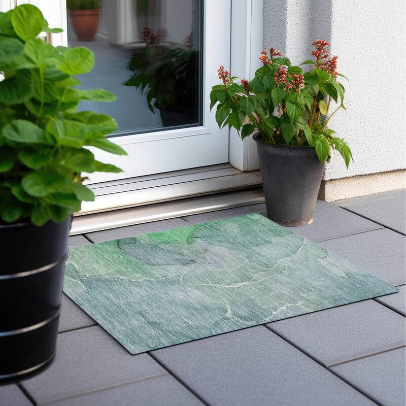 Machine Washable Indoor/ Outdoor Chantille Watercolor Rug - Teal - 1'8" x 2'6"