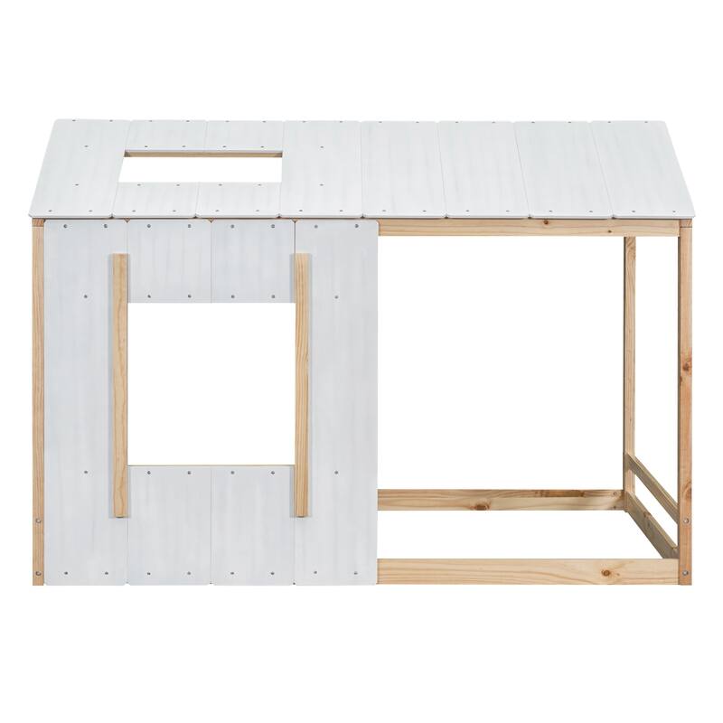 Twin Size House Platform Bed with Roof and Window, Sturdy Wood Frame