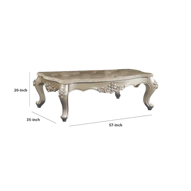 Traditional Style Rectangular Wood and Marble Coffee Table, Silver