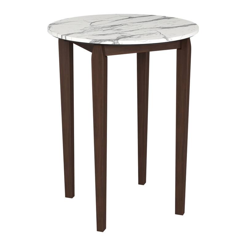 HomeRoots 32" White and Brown Faux Marble and Solid Wood Rounded Bar Table - 32.00 in. x 40.20 in. x 32.00 in.
