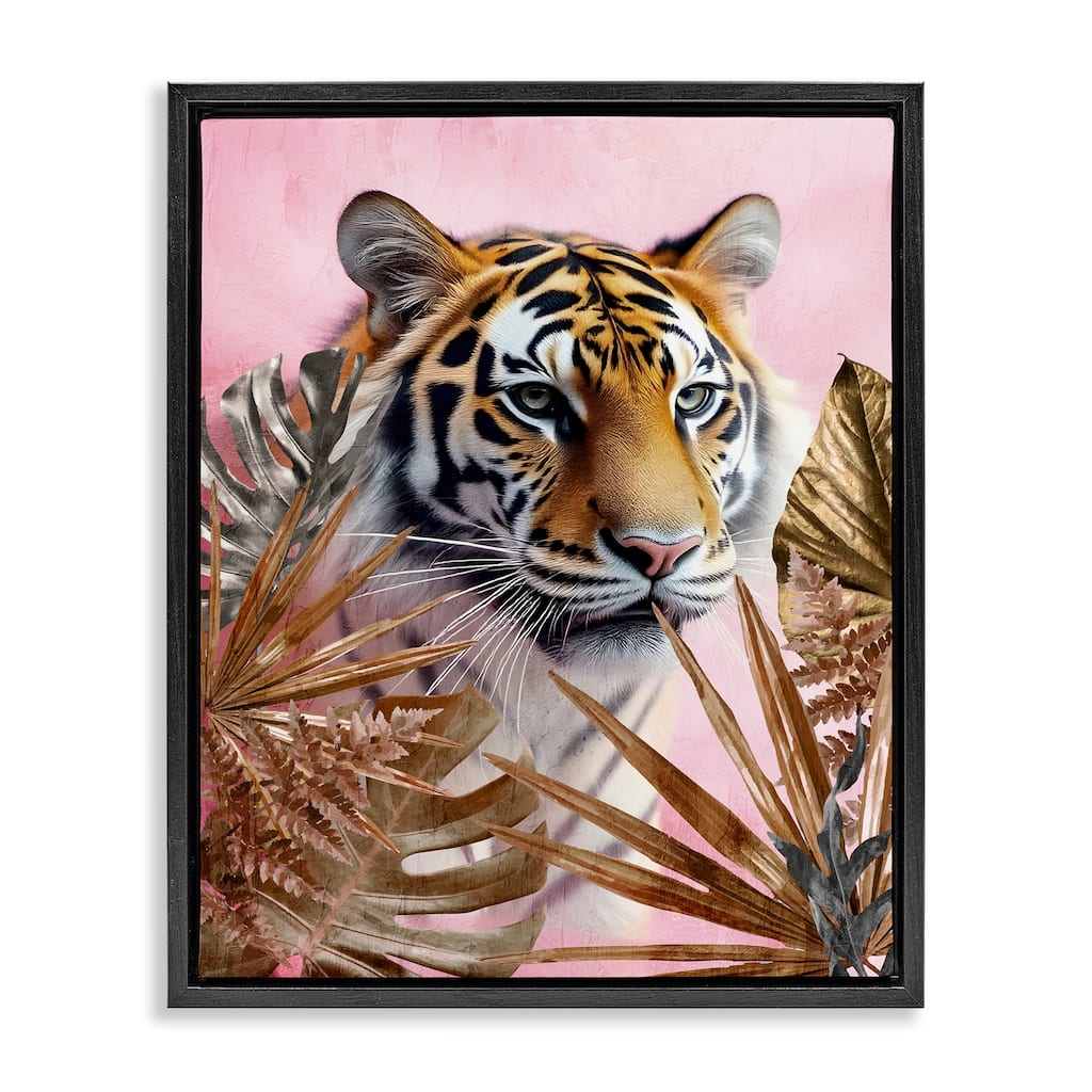 Stupell Exotic Tiger with Gold Leaves Framed Floater Canvas Wall Art Design By Kim Allen