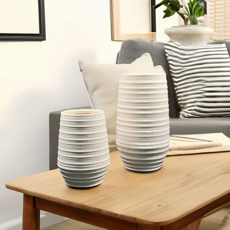 Set of Two Tall Grooved Speckled Flower Pots in Off White