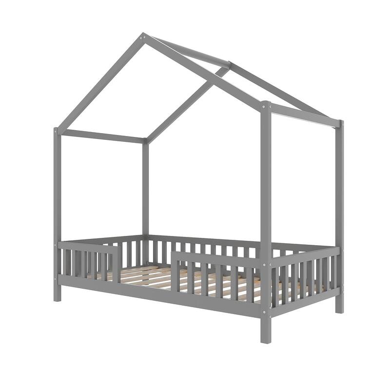 Whimsical Montessori-Inspired Floor Bed with Canopy & Full Safety Rails by Harper&Bright Designs