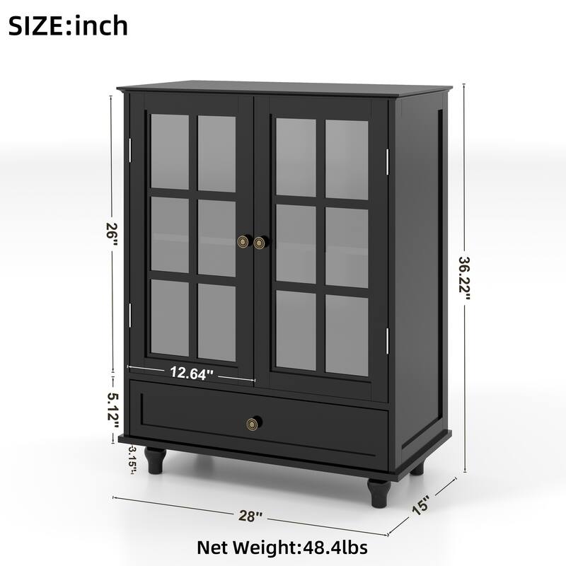 Black Sideboard Buffet Cabinet with Glass Doors and Storage Adjustable Shelf for Kitchen or Living Room - 28”L x 15”W x 36.22”H