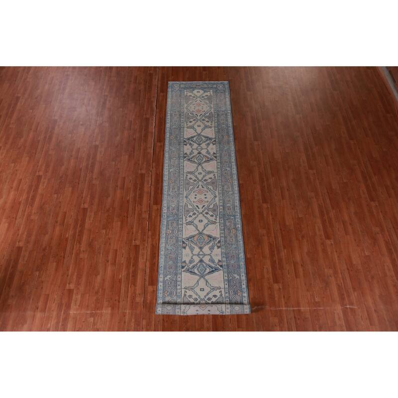 Hand Knotted Oriental 100% Wool Carpet Transitional Geometric Beige & Ivories Oushak Runner Rug - 14' 11'' X 3' 2''