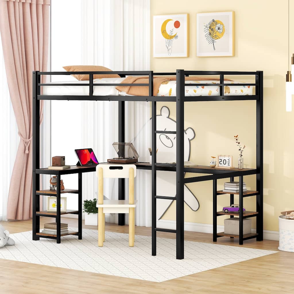 Full Metal Loft Bed with Desk and Shelves, Loft Bed with Ladder and Guardrails, Loft Bed Frame for Bedroom