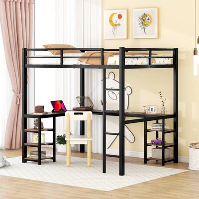 Full Size Metal Loft Bed with Desk and Shelves, Ladder and Guardrails, Vintage wood-colored desk