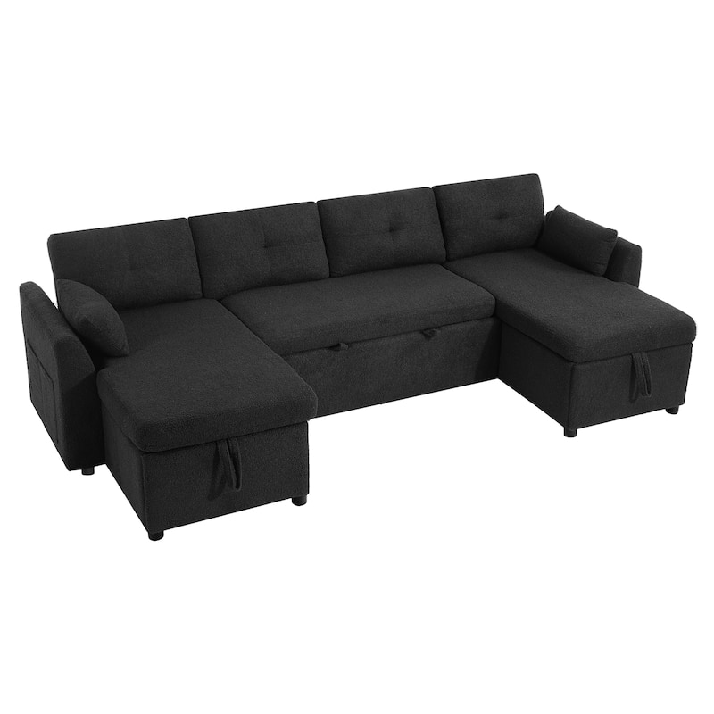 Teddy Fabric Sectional Sofa Convertible Sleeper Sofa Modern U-Shaped Couch Dual Storage Chaise Lounge with Pockets and USB Ports