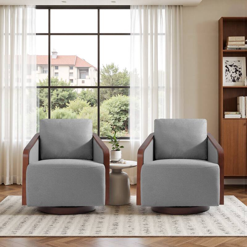 Set of 2 Modern 360° Swivel Accent Barrel Chairs with Wood Arms