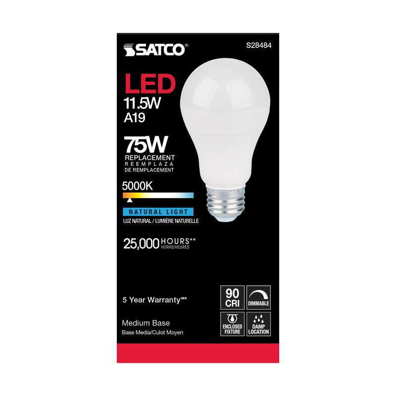 11.5 Watt A19 LED 90CRI 5000K Medium base 220 deg. Beam Angle 120 Volt 1100 Lumens CEC - White