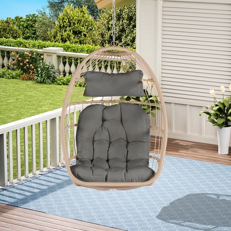 Egg Chair Outdoor Without Stand Indoor,Wicker Rattan Hammock Egg Porch Swing with Cushions for Bedroom Patio Balcony - Natural+Dark Gray