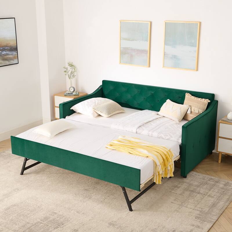 Twin Upholstered Daybed with Pop-Up Trundle & USB Charging Ports - Green - Twin