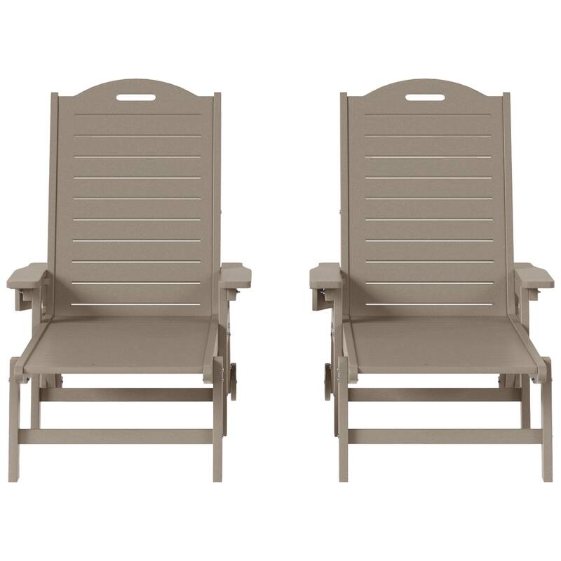 Brighton Outdoor Poly Reclining Chaise Lounge with Wheels & Cup Holder (Set of 2) - Weathered Wood