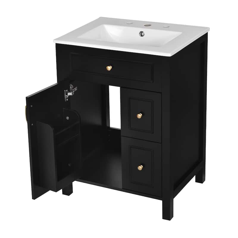 24-Inch Bathroom Vanity with Ceramic Sink, 1 Soft Close Door, 2 Soft Close Drawers, and Double Storage Racks on the Door