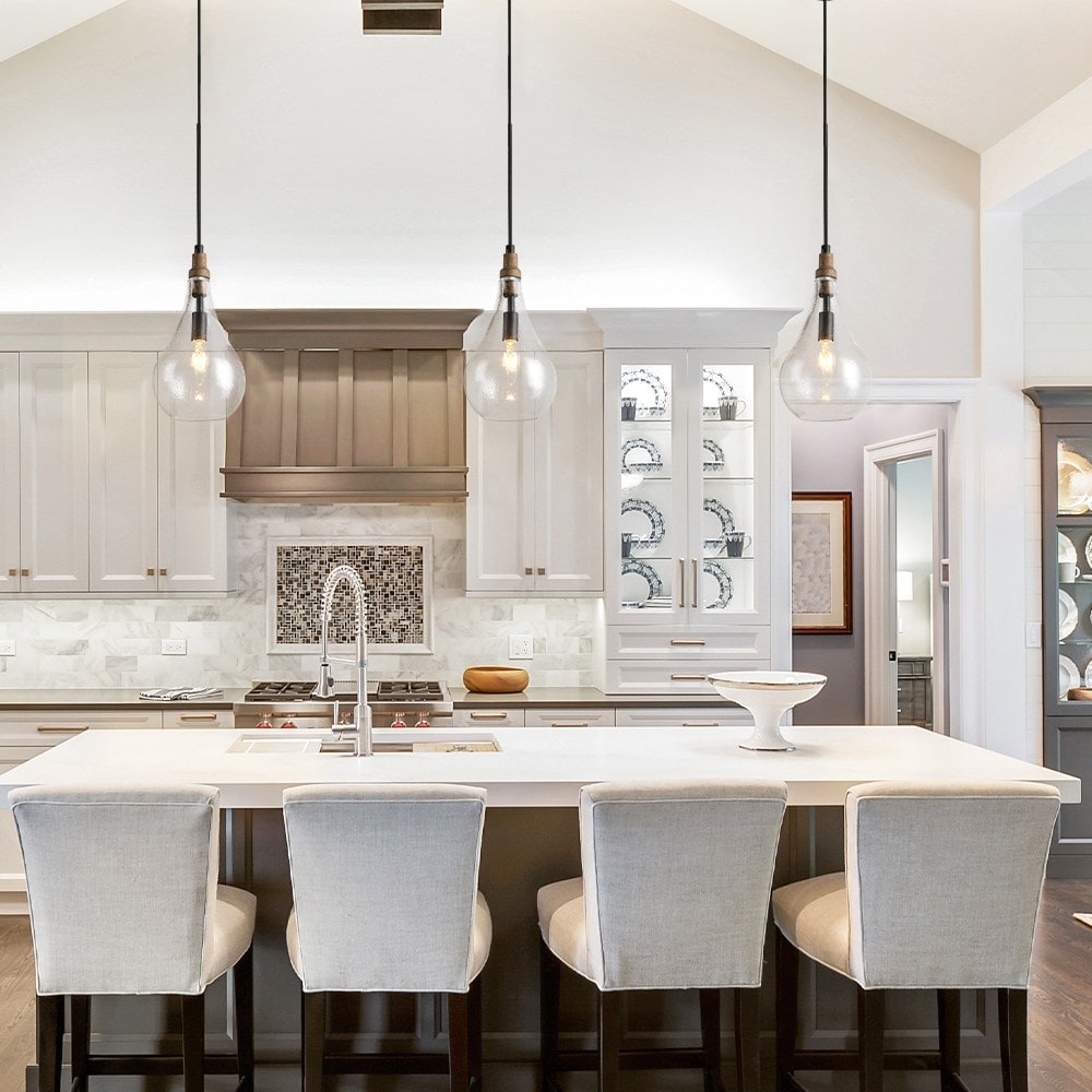 thumbnail interactive-video image 1 of 2-Pack Farmhouse Pendant Lights - 7.5 Inch Vintage Clear Seeded Glass Shades | Brushed Gold Kitchen Island Lighting 1 of 2