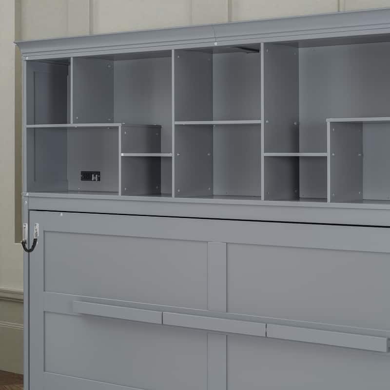 Queen Size Murphy Wall Bed with Storage Shelves and USB Ports, Space Saving Foldable Cabinet Bed