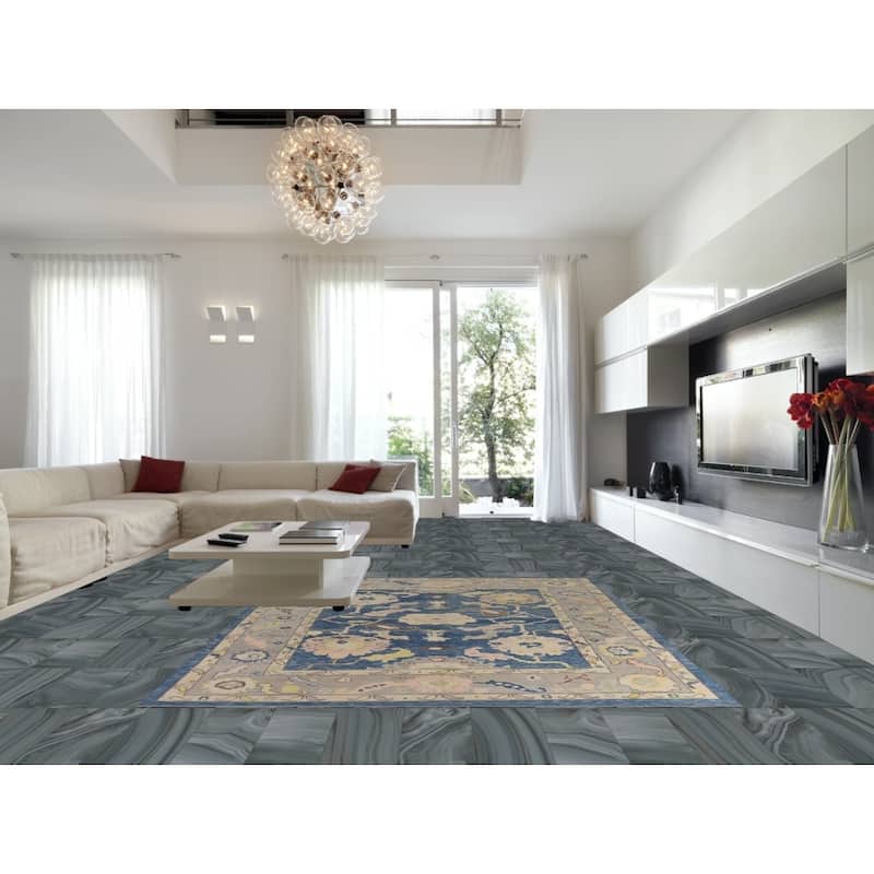 Hand Knotted Oriental 100% Wool Carpet Transitional All-Over Navy Blue & Blues Oushak Area Rug - 11' 2'' X 8' 11''